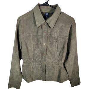 Vintage 90s Faux Suede Button Down Shirt - Size XL Green Long Sleeve Women's
